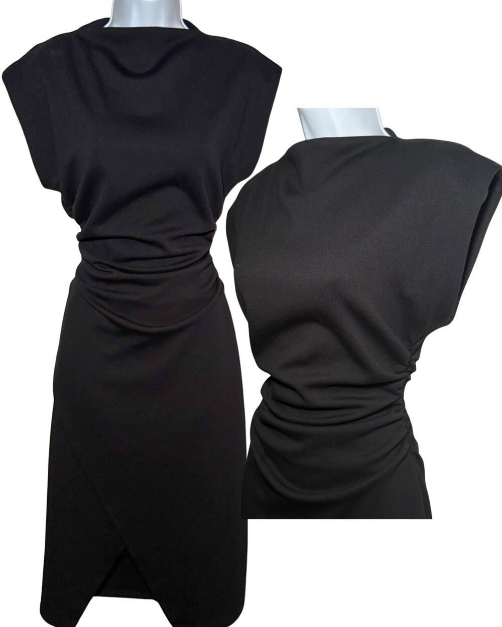 Nordstrom Black Ruched Midi Dress Womens Small Mock Neck Cap Sleeve Workwear
